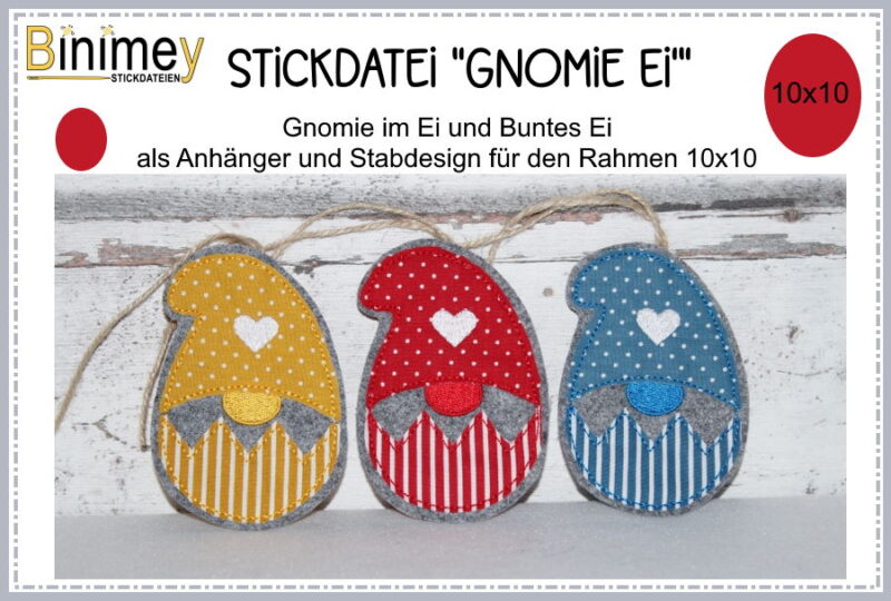 Stickdatei Anhänger und Stabdesign Gnomie Ei Binimey