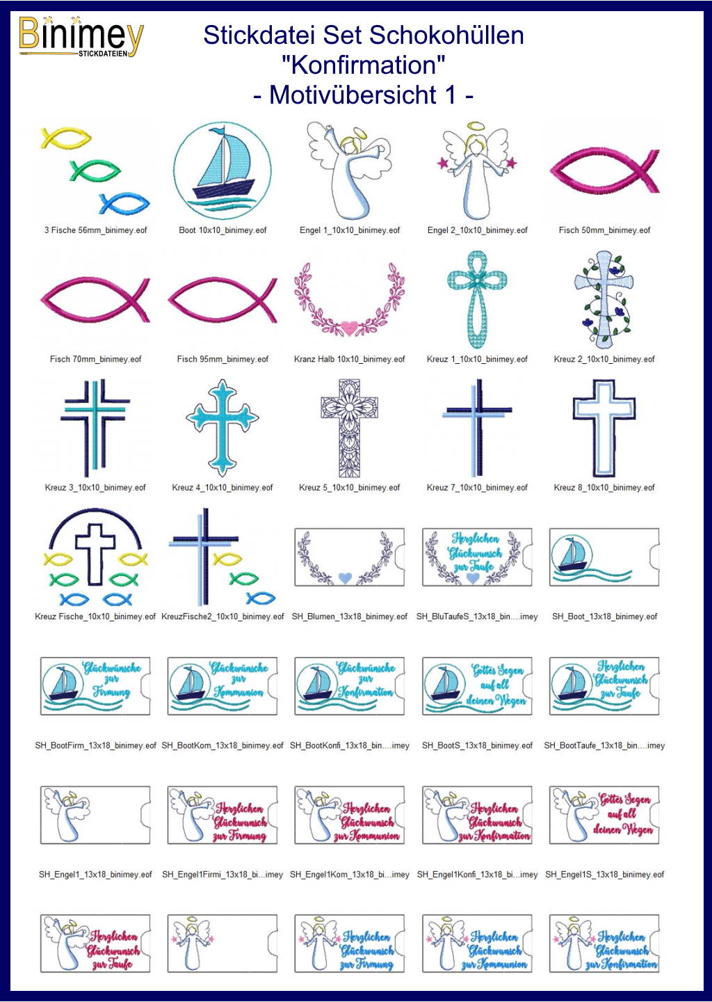 Stickdatei Set Schokohülle Taufe Konfirmation Kommunion - Binimey