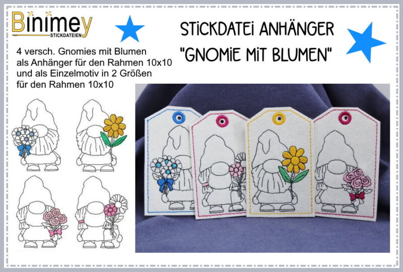 Stickdatei Anhänger Gnomie Mit Blumen - Binimey