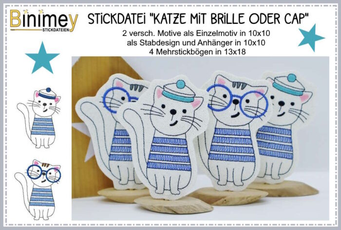 Stickdatei Motive und Stabdesign Katze mit Brille [Digital]